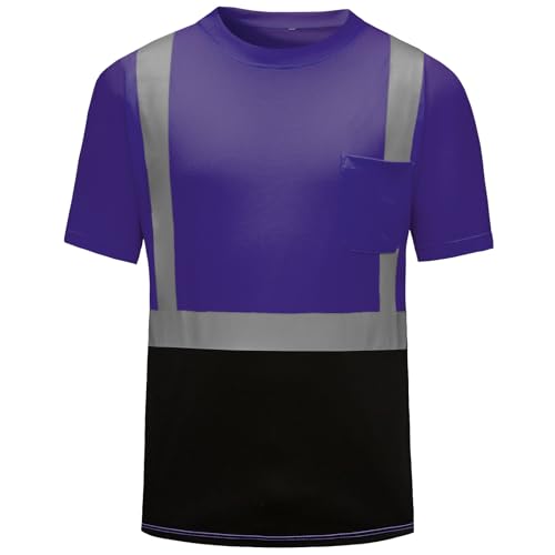 High Visibility Shirts Quick Dry Safety T Shirts with Reflective Strips and Pocket Short Sleeve Mesh Hi Vis Construction Work Class 2 Shirt for Men/Women Black Bottom Purple,Small - color: Purple, size: Small