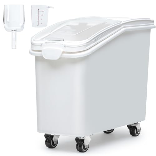 DWVO 27 Gal Large Ingredient Storage Bin, Flour Rice Food Storage Containers Bin with 500 Cups, Commercial Bins with 360° Wheels, Scoop and Lid for Kitchen, White - size: 27 Gal