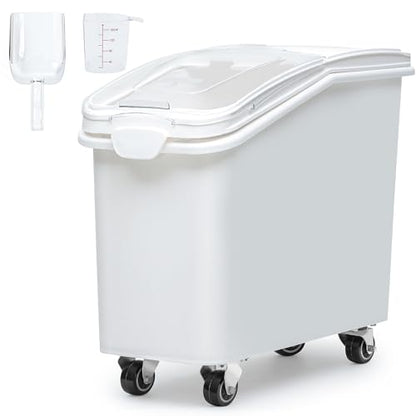 DWVO 27 Gal Large Ingredient Storage Bin, Flour Rice Food Storage Containers Bin with 500 Cups, Commercial Bins with 360° Wheels, Scoop and Lid for Kitchen, White - size: 27 Gal