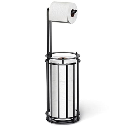 Meangood Toilet Paper Holder Stand and Tissue Paper Roll Dispenser for 4 Mega Rolls, Bathroom Free Standing Tissue Roll Storage Holder Rack, Detachable (Matte Black) - color: Black