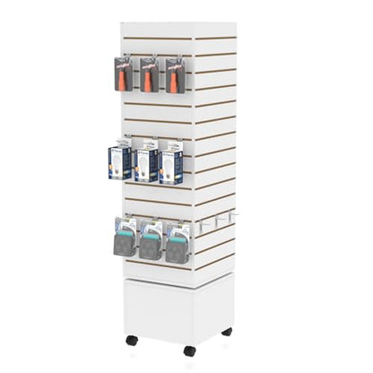 WISDOMFUR Rotating Slatwall Display Rack with Wheels, 4-Sided Retail Merchandise Display Tower, White, 16" W x 16" D x 60" H - color: White