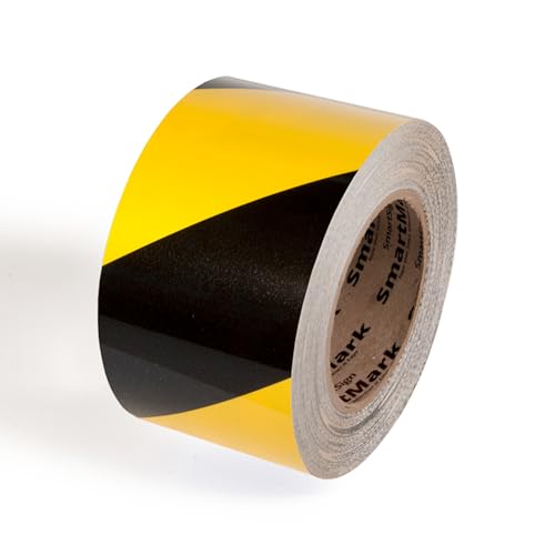 SmartSign Yellow/Black Striped Floor Marking Tape, 3" x 100' Roll, Durable Polyester, Laminated Protection - Non-Abrasive, Adhesive Safety Tape for Warehouses, High Traffic/Forklift Areas, Removable - color: Yellow/Black Striped, size: 3"