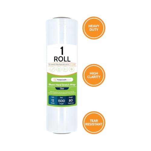 PSBM Blown Stretch Film/Wrap, 1 Roll 12 Inch x 1500 Feet 80 Gauge Heavy Duty Ultimate Stretch Clear Plastic Wrap Industrial Strength Shrink Film for Moving, Packing & Shipping - 1 Pack,80 Gauge - size: 1 Pack, style: 80 Gauge