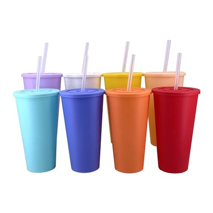 24 oz Cup with Lid Straw set of 8, Reusable Plastic Tumbler Vibrant - color: Vibrant