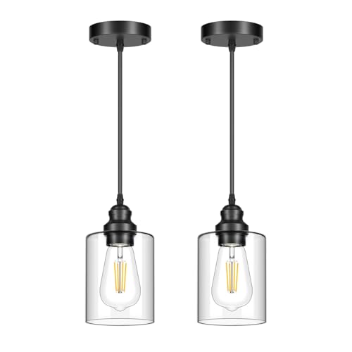 Licperron 2 Pack Modern Black Pendant Lighting, Clear Glass Shade Pendant Lights Kitchen Island, Hanging Ceiling Light Fixture, Farmhouse Pendant Lighting for Dining Room Bedroom Bar Office - size: 2-Pack