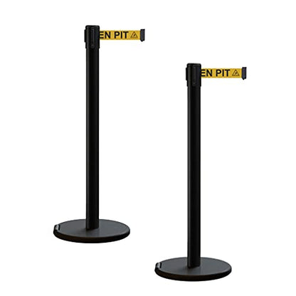 Trafford Industrial RBB-100 Set of 2 Retractable Belt Barrier Stanchion, Rolling Base, Black Steel Post (7.5 ft Belt, Yellow with"Beware Open Pit" Black Letter Open Pit Logo Belt) - color: Yellow with "BEWARE OPEN PIT" Black Letter OPEN PIT LOGO, size: 7.