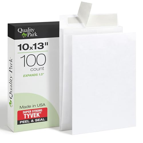 Quality Park Tyvek Envelopes, 100 Pack, Large 10 x 13 Mailers, 1.5 Inch Expansion, Rip, Puncture & Water Resistant Self Sealing Mailing Bags for Lightweight Shipping, White