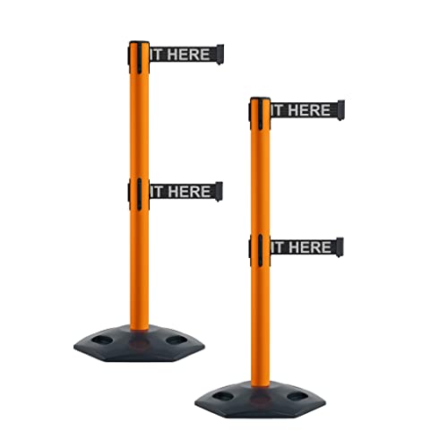 Montour Line MSR630D Retractable Belt Barrier Stanchions, Set of 2 - color: Black with "PLEASE WAIT HERE" White Letters, size: 7.5 ft