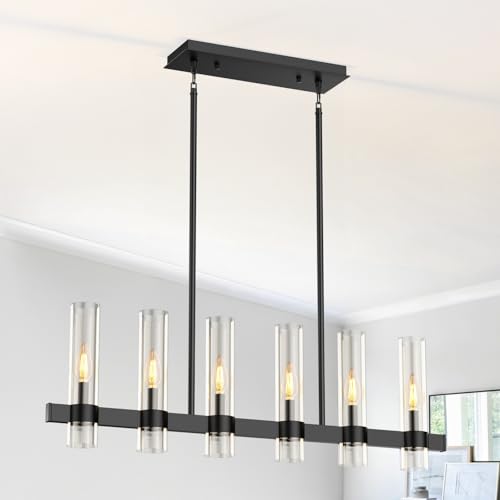 6-Light Linear Chandelier for Dining Room Clear Glass Shades Black