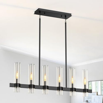 6-Light Linear Chandelier for Dining Room Clear Glass Shades Black