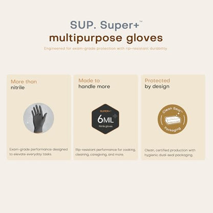 SUPER+ Black Nitrile Gloves HEAVY DUTY 6 Mil Disposable Chemical Resistant Powder & Latex Free Medical Food Safe, 60/600 Ct - color: Medium (Black 600)