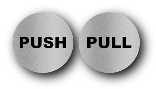 Metallic Silver Push Pull Door Signs - UV Printed Self-Adhesive Aluminium - Various Sizes - Interior/Exterior Directional Signage for Businesses, Offices, Shops - Easy Peel & Stick Installation (Medium)