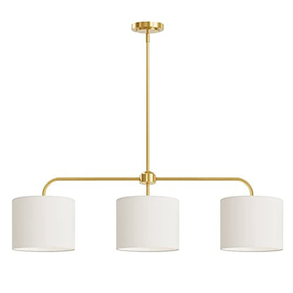 Electro bp 3-Light White Linen Drum Shade Chandelier with Polished Gold Metal Linear Pendant Light Fixture for Kitchen Island, Dining Table, E26, 180W - color: Gold 3-Light Linear