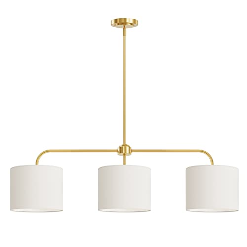 Electro bp 3-Light White Linen Drum Shade Chandelier with Polished Gold Metal Linear Pendant Light Fixture for Kitchen Island, Dining Table, E26, 180W - color: Gold 3-Light Linear