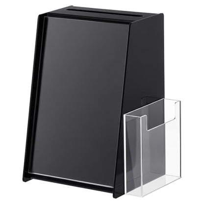 Black Acrylic Ballot Box with 5.5” x 8.5” Sign Holder and Brochure Pocket Donation Suggestion Ballot Box with Lock for Countertop Trade Shows, Card Collector Weddings & Events