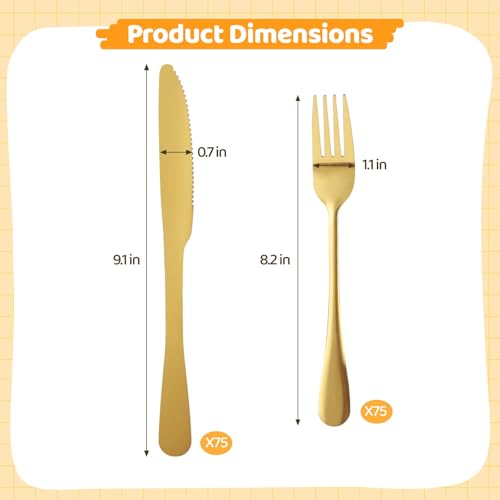 150 Pcs Gold Silverware Set, Includes 75 Forks and 75 Knives, Stainless Steel Flatware Set, Elegant and Sturdy Cutlery, Smooth Surface, Dinner Tableware, Ideal for Home, Restaurant - color: 150pcs gold