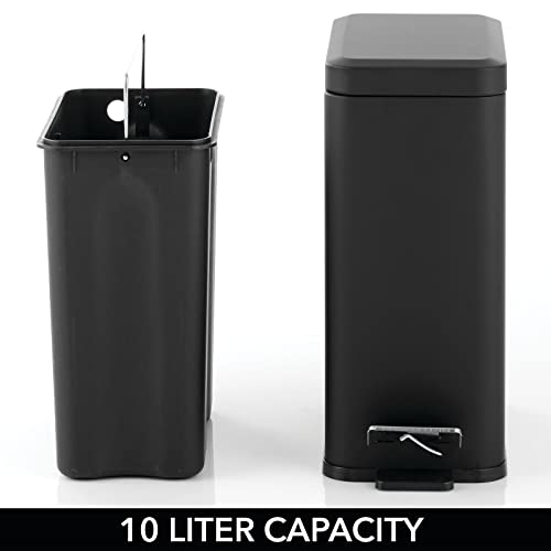 mDesign Pedal Bin — Waste Bin with Pedal, Lid and Plastic Bucket Insert for Bathroom, Kitchen, and Office — Metal Household Rubbish Bin with Ergonomic Design — Black - color: Black, size: 2.6 Gallon