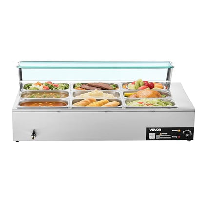 VEVOR Commercial Food Warmer, 1500W Electric Stainless Steel Steam Food Warmer with Glass Cover, 9-Pan Countertop Buffet Bain Marie with Soup & Perforated Ladles, for Catering, Restaurant & Party - size: 9x1/3Pan;72QT