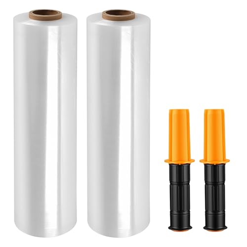 2 Pcs Stretch Wrap with Handles, 15 in x 1000 Ft, 60 Gauge Industrial Strength Stretch Film Roll, Heavy Duty Clear Shrink Plastic Wrap for Moving, Shipping, Packing, Pallet Wrapping