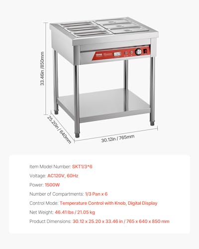 VEVOR 6-Pan Commercial Food Warmer, 6 x 1/3 Pans Electric Steam Table, 1500W Professional Buffet Catering Food Warmer with Undershelf, Stainless Steel Server for Restaurant Party Hotel - size: 6-Pan