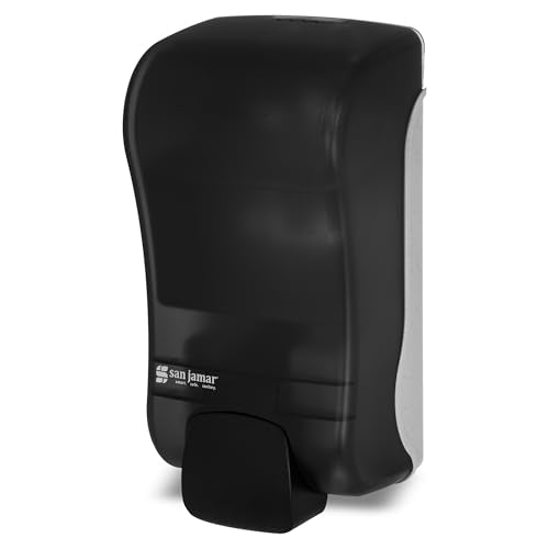 San Jamar Manual Soap Dispenser – 1300 mL Capacity Liquid Dispenser for Bulk Foaming Soaps, Wall Mount, Refillable with Transparent Reservoir Easy Push Bar for Commercial or Office Use, Black Pearl