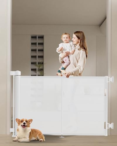 Miumoon 59 inch Reinforced Retractable Baby Gates 34 inch Tall - color: White, size: 34" Tall x 59" Wide