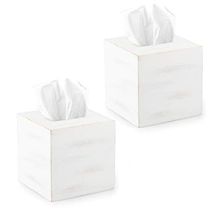 Ilyapa Rustic Wood Tissue Box Cover, Square - White, 2 Pack, Farmhouse - color: Rustic White, size: 5" Square 2 Pack