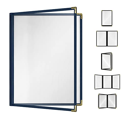 Goodsmart Restaurant Menu Covers - 25 Pack Blue 8.5" x 11", 2-Page/4-View, Side-Loading Vinyl Menu Holders, Clear Sleeves, Double-Stitched Edge, Leather-Style Café Menu Covers with Gold Corners - color: Blue, size: 2 Pages / 4 Views - 8.5" x 11"