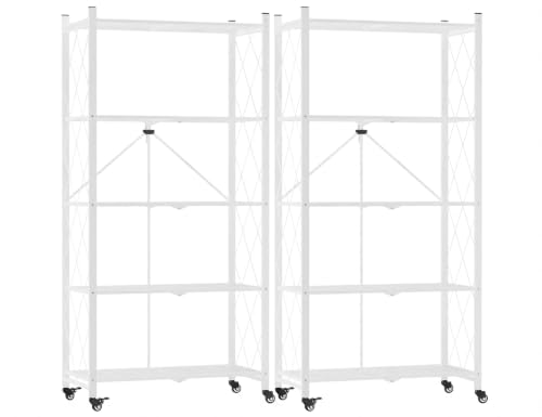 ALANNG 70.7" H Metal Storage Shelves, 5 Tier Folding Shelf on Wheels - color: White