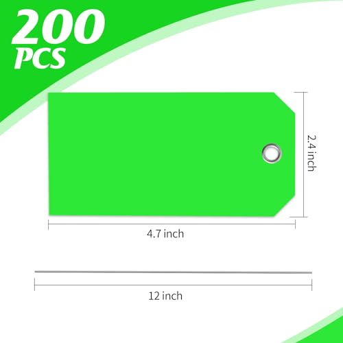 4 3/4" x 2 3/8" Shipping Tags with Wire Paper Heavy Duty Hang Tags with Reinforcement Holes Writable Luggage Tag with String Durable Marking Tags (200, Neon Green, 4 3/4" × 2 3/8") - color: Neon Green, size: 4 3/4" × 2 3/8"