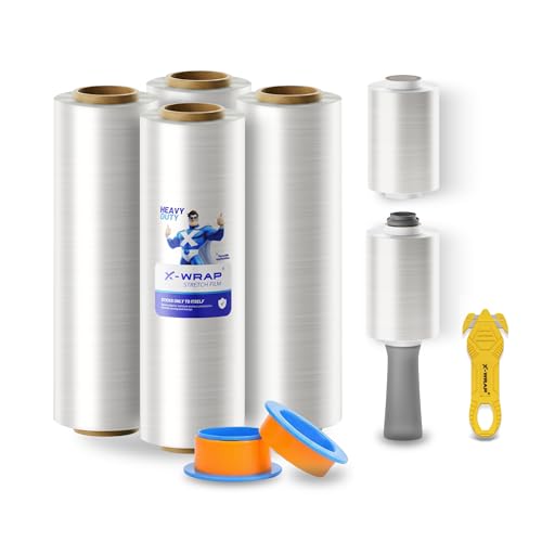 PRO 500 Stretch Wrap with Rotating Handles, 15 Inch x 500 Ft 70 Gauge, 4 Rolls, Bonus 4 Inch Mini Rolls & Safety Cutter, Industrial Strength Film for Moving, Furniture, Luggage - size: 500 ft