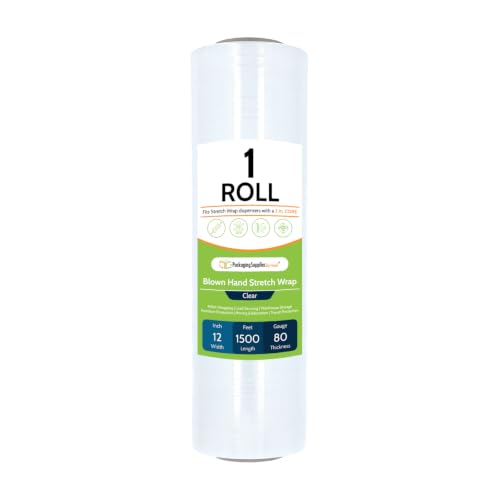 PSBM Blown Stretch Film/Wrap, 1 Roll 12 Inch x 1500 Feet 80 Gauge Heavy Duty Ultimate Stretch Clear Plastic Wrap Industrial Strength Shrink Film for Moving, Packing & Shipping - 1 Pack,80 Gauge - size: 1 Pack, style: 80 Gauge