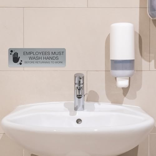 SBLABELS Employees Must Wash Hands Indoor Easy Adhesive Mount Door and Wall Sign for Restaurants and Small Businesses 3" x 9" - Silver - color: Silver, style: Employees Must Wash Hands