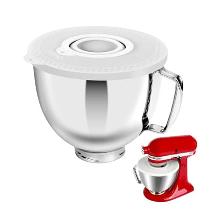 5 Quart Stainless Steel Mixer Bowl Set Compatible with KitchenAid 4.5-5 Quart Tilt-Head Stand Mixers,5 Quart mixing bowl replacement with Lid (Bowl＋White Cover） - color: White