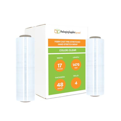 PSBM 4 Rolls 17 Inch x 1476 Feet Pre-Stretched Film/Wrap, Industrial Strength Clear Shrink/Plastic Wrap for Moving, Packing, Shipping, Pallet Wrapping & Storage - size: 17 Inch, style: 48 GA
