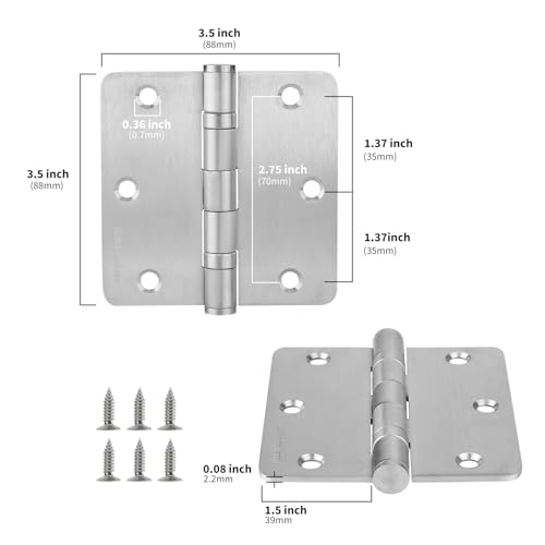 Golenwarm 3 Pack 3.5" Satin Nickel Brushed Door Hinges, 1/4 Inch Radius - color: Satin Nickel Brushed, size: 1/4" Radius Corner