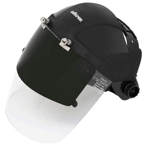 Sellstrom DP4 Face Shield - Lightweight Mask with High Impact Crown & Ratchet Headgear for Work, Grinding, Plasma/Flame Cutting - ANSI Z87.1 - Clear Anti Fog Polycarbonate Window - UV/IR Flip Up Visor - style: Shade 6 Cobalt Visor