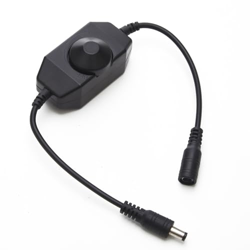 DC 12V–24V LED Strip Dimmer Switch Inline PWM Rotary Knob Controller with DC Male/Female Adapter Brightness Adjustable for Single Color LED String Lights (Black)