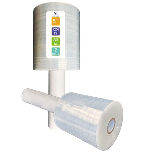 Polysells 2 Pack 5" x 1200ft MIni Roll Stretch Film with Handle, 80 Gauge Clear Moving & Packing Plastic Wrap for Boxes, Luggage, Bundling & Storage