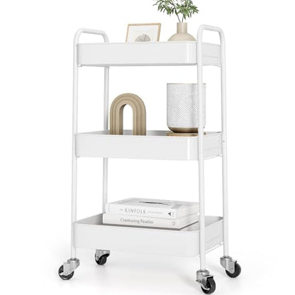 TOOLF 3 Tier Metal Rolling Cart, Utility Storage Cart with Wheels, White - color: White, size: 3-Tier