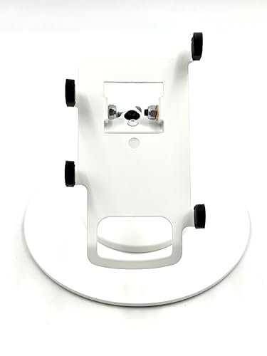 Square POS Low Freestanding Metal Swivel and Tilt Stand with Round Plate (White) - Sturdy Steel POS Terminal Mount, Screw-in or Adhesive