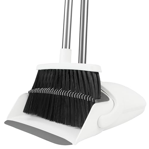 Broom and Dustpan Set, 52" Longe Adjustable Handle, White - color: White