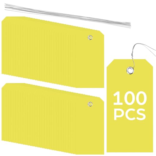 100 Pack Yellow Plastic Shipping Tags with Wire Ties, 4.72 x 2.36 inches Heavy Duty Industrial Hang Tags, Blank Identification Labels for Warehouse, Inventory & Outdoor Equipment (Yellow) - color: Yellow