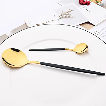Mirror Cutlery Serving Set, 24-piece 18/0 Stainless Steel Silverware With Black Handle Simple & Modern Tableware For Home Party Restaurant Christmas Dinner, Service For 6 (Black Gold) - color: Black/Gold