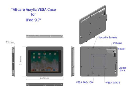 Anti-Theft Acrylic VESA Enclosure for Apple iPad 5/6 9.7" with Free Wall Mount Kit & 90-Degree Angle Charge Cable (iPad 5/6 9.7", Black) - color: Black, size: iPad 5/6 9.7"