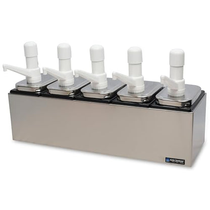 San Jamar P9715 Stainless Steel Condiment Pump Service Center with 5 Wells Black Jars, 24" Length x 7-7/8" Width x 12-1/2" Height - style: 5 Pumps