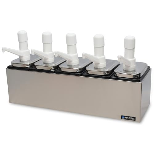 San Jamar P9715 Stainless Steel Condiment Pump Service Center with 5 Wells Black Jars, 24" Length x 7-7/8" Width x 12-1/2" Height - style: 5 Pumps