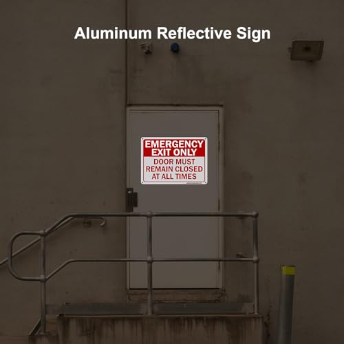 2 Pack Emergency Exit Only- Door Must Remain Closed at All Times Sign, 10x7Inch Aluminum Emergency Exit Only Keep Door Closed Sign, UV Protected and Weatherproof, Easy to Install, Indoor/Outdoors Use