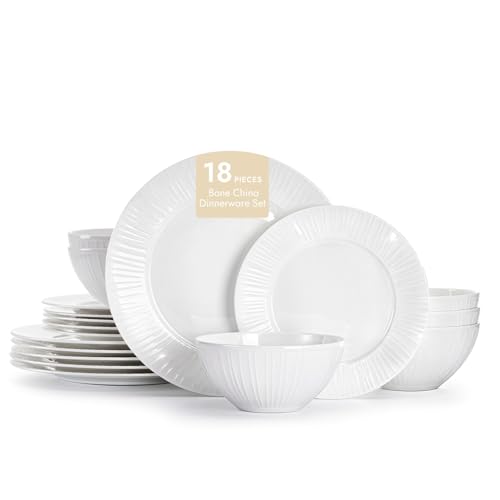KINGSTONE 18Pc Textured White Bone China Set Service for 6 - color: White-striped, size: service for 6-18pcs