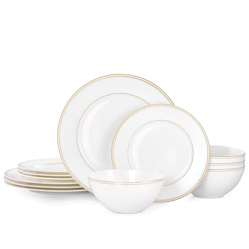 KINGSTONE 12Pcs Gold Trim White Bone China Set, Service for 4 - color: White-gold trim, size: service for 4-12pcs
